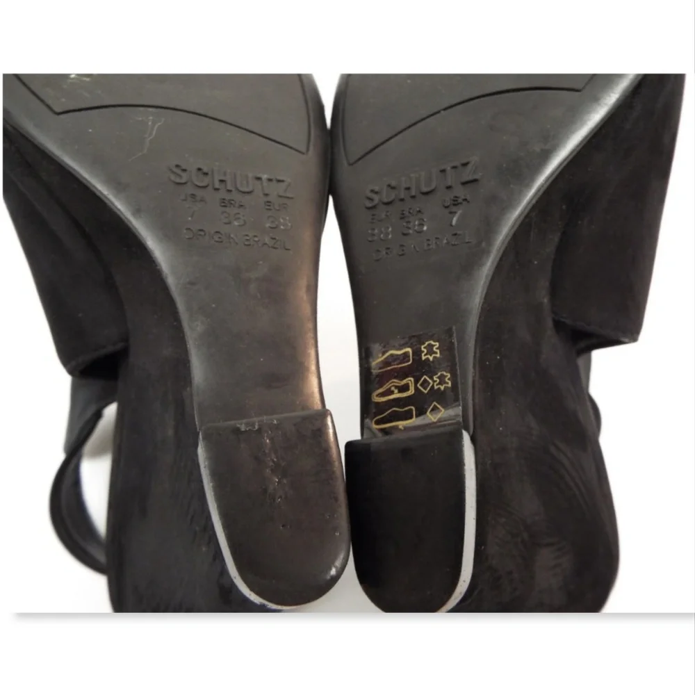 SCHUTZ Black Nubuck Leather Open Toe Buckled Sling Wedge Ankle Bootie Heels 7